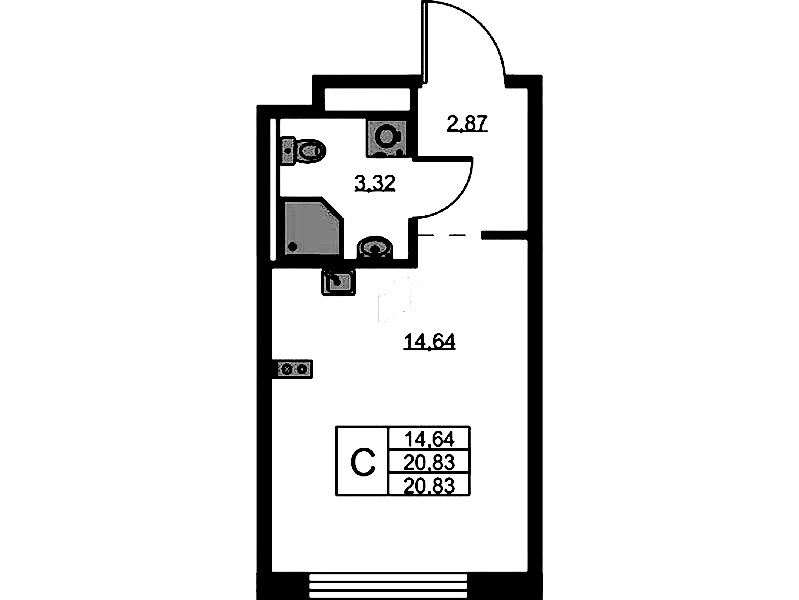 Квартира студия 20.83 м², 7/9 эт., ЖК «GloraX Новоселье»